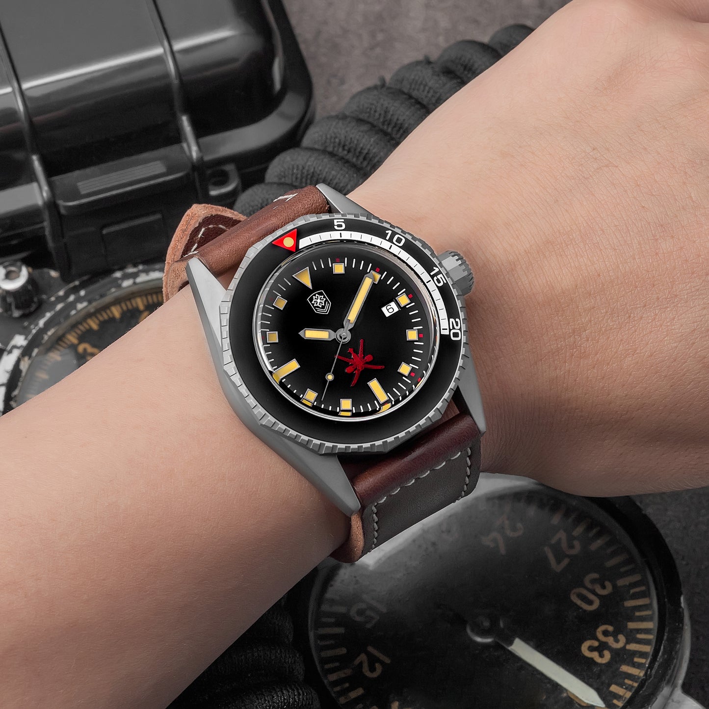THORN T019 titanium dive watch on wrist with leather strap