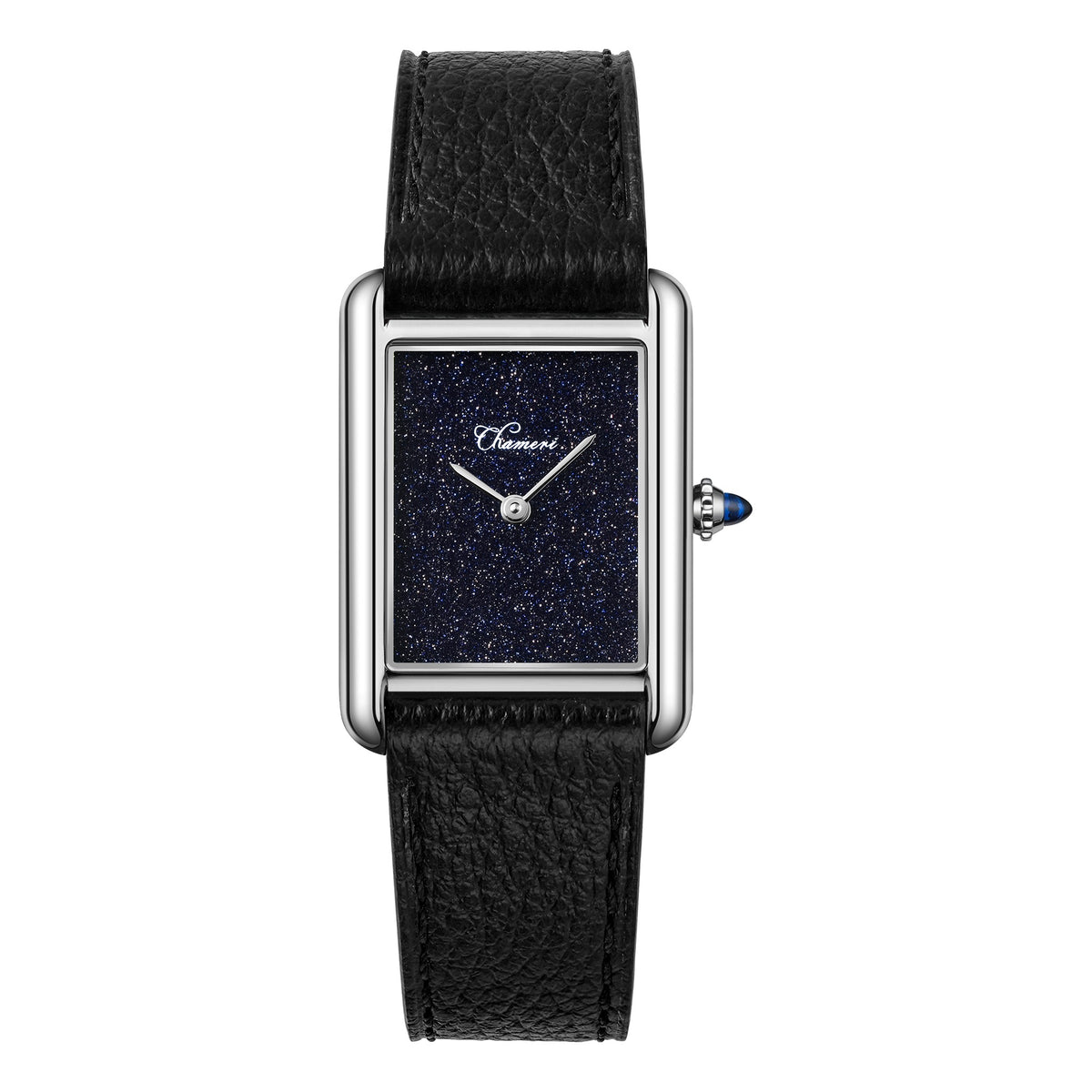 CHAMERI CH02 Medium rectangular watch with sparkling blue aventurine-style dial, silver-tone case and black leather strap