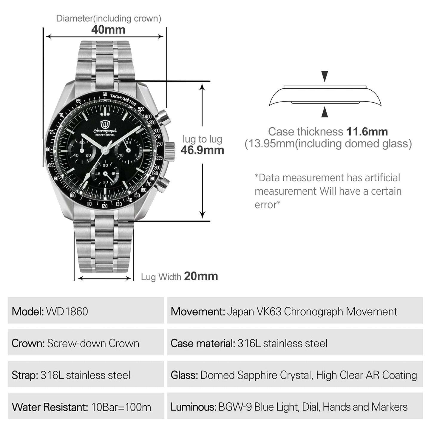 Watchdives 40mm WD1860 VK63 Chronograph Watch