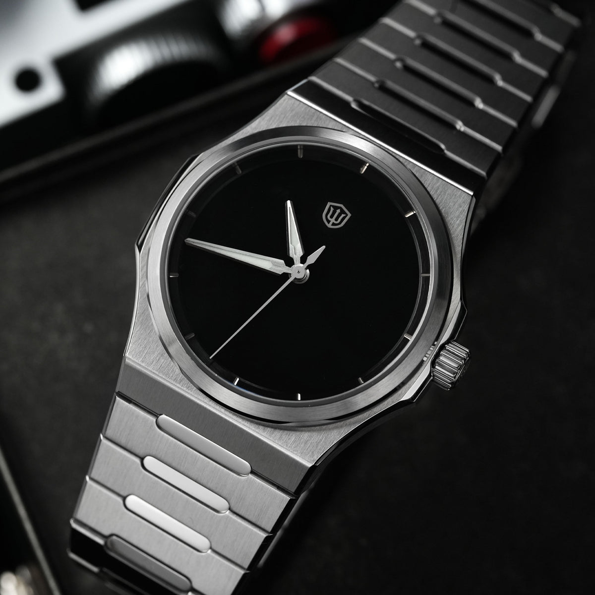 Watchdives WDC0001 PREMIER Musou Black dial watch with blue luminous hands and markers