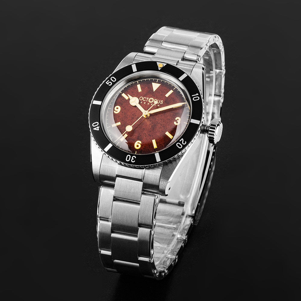 Octopus Kraken OCT-0028 tropical brown dial three-quarter view with black bezel and steel bracelet