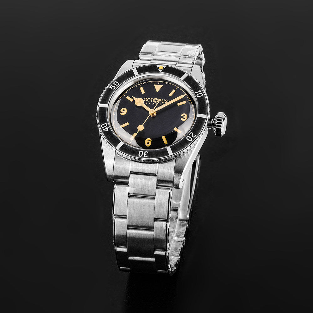 Octopus Kraken OCT-0028 black dial three-quarter view with Benz Hands and black bezel