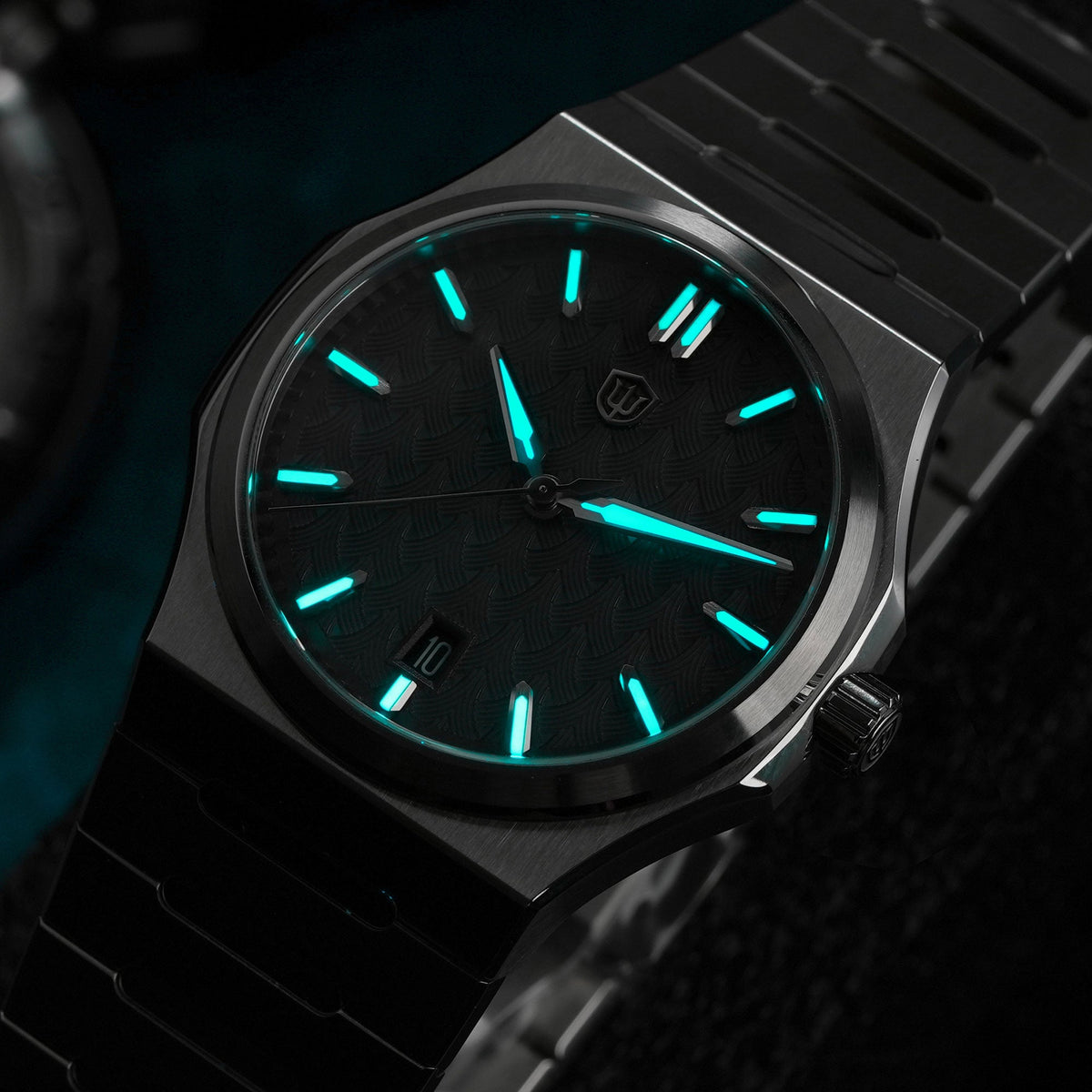 Watchdives WDC0001 PREMIER green mother-of-pearl dial watch, dramatic product photography