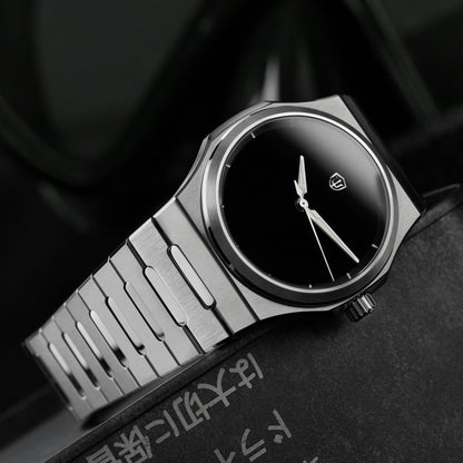 Watchdives WDC0001 PREMIER black dial watch, dramatic side-angle product photo