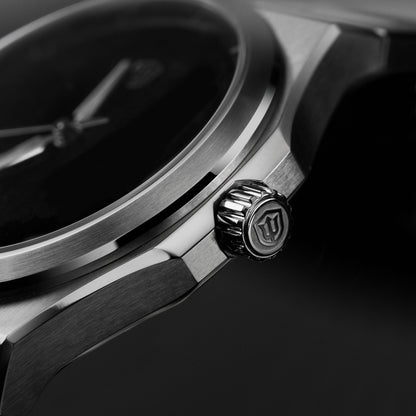 Watchdives WDC0001 PREMIER black dial automatic watch, angled product photography