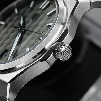 Watchdives WDC0001 PREMIER green dial watch with stainless steel bracelet, close-up