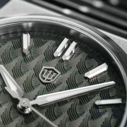 Watchdives WDC0001 PREMIER green dial watch with bracelet links in close-up