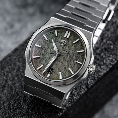Watchdives WDC0001 PREMIER green mother-of-pearl dial texture in natural light