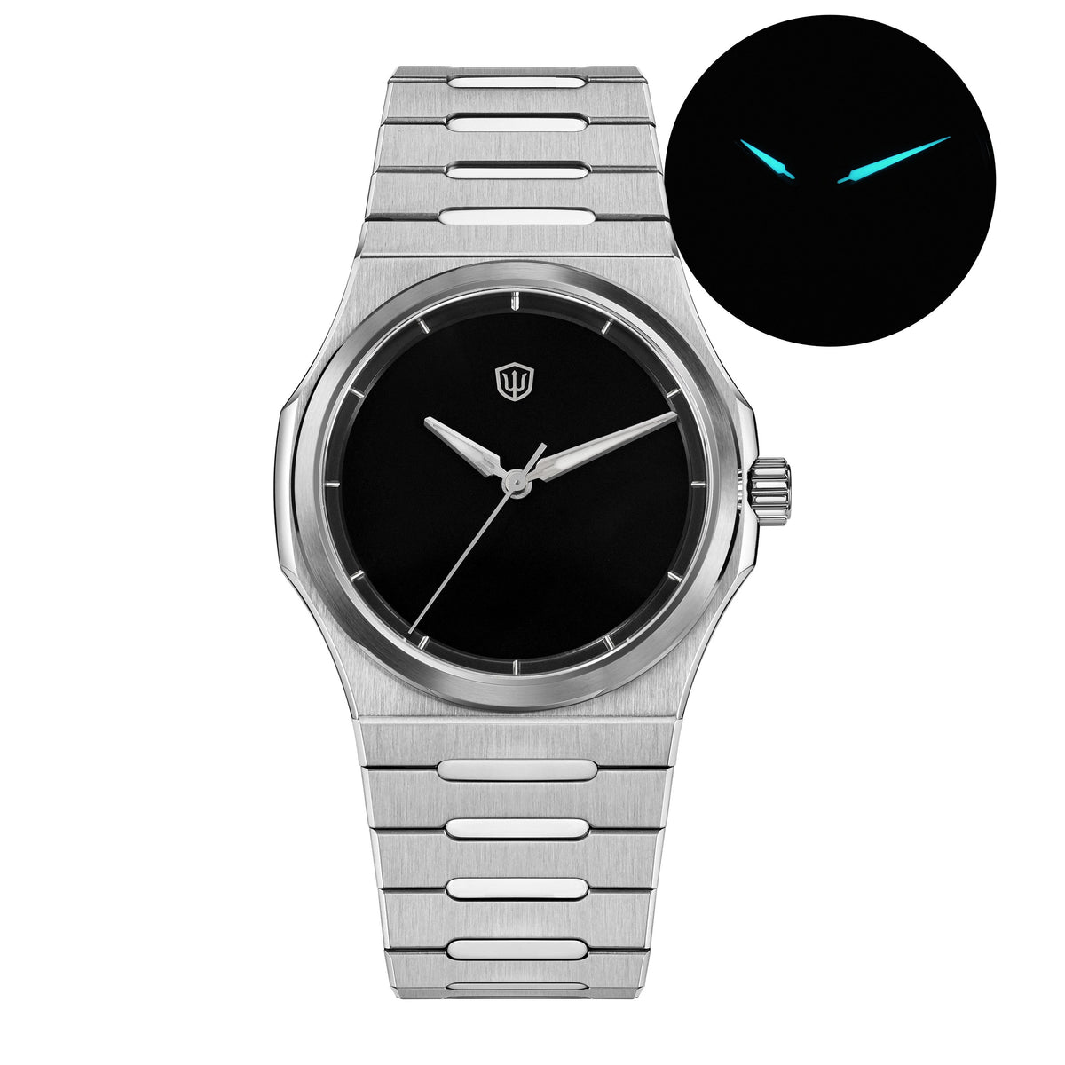 Watchdives WDC0001 PREMIER stainless steel bracelet and black dial watch, detail view