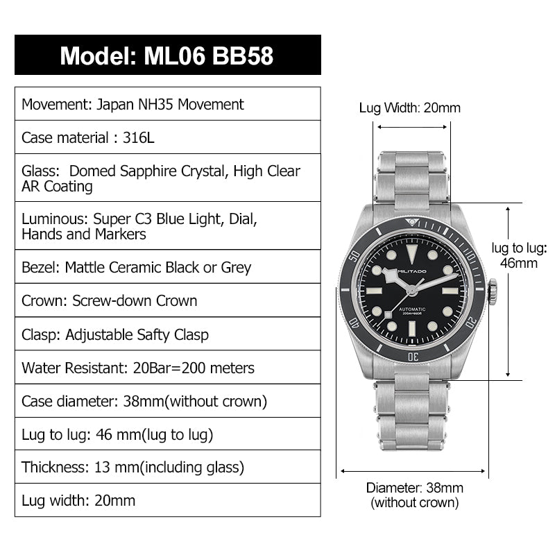 Militado Retro 38mm BB58 NH35 Automatic Watch ML06