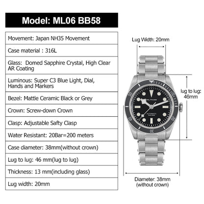 Militado Retro 38mm BB58 NH35 Automatic Watch ML06