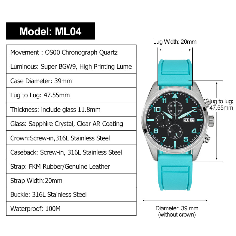 Militado 39mm Sapphire Crystal Pilot Field Chronograph Watch