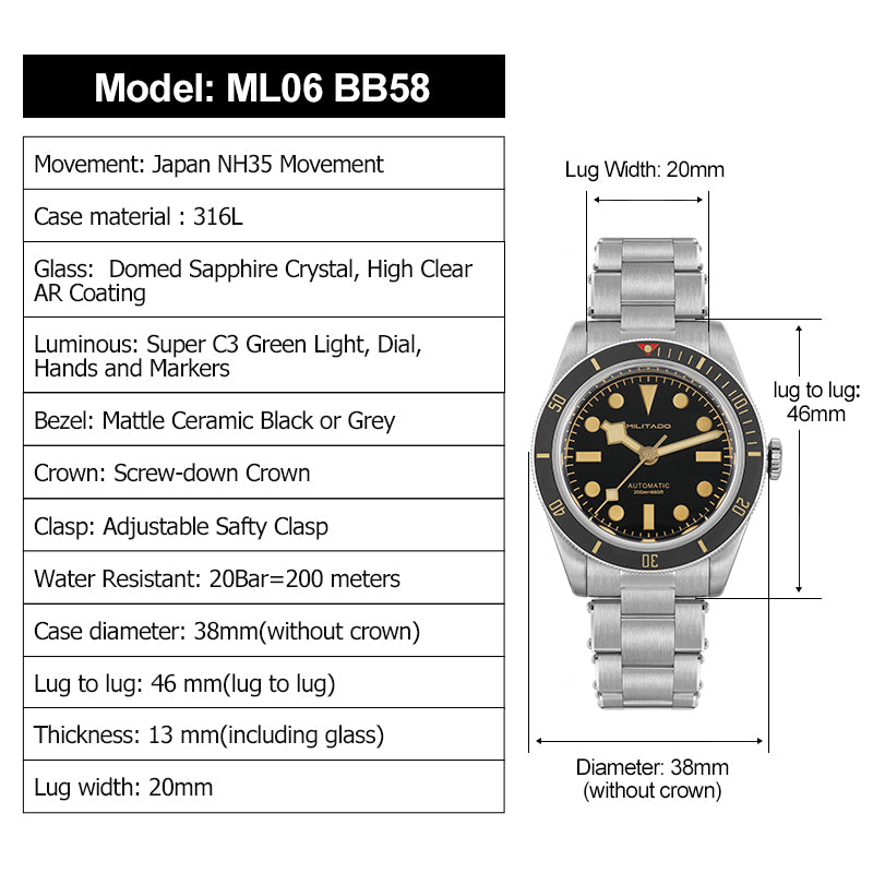Militado Retro 38mm BB58 NH35 Automatic Watch ML06