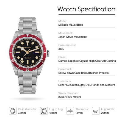 Militado Retro 38mm BB58 NH35 Automatic Watch ML06