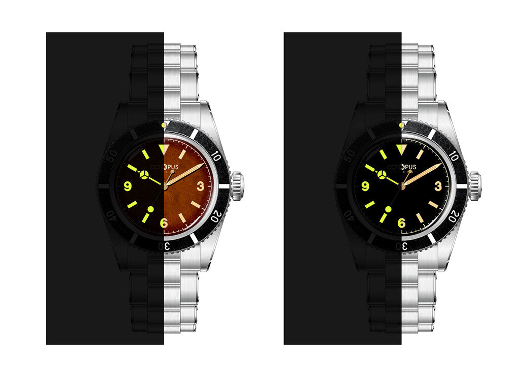 Octopus Kraken OCT-0028 BGW9 Super-LumiNova lume comparison for black dial and tropical brown dial versions