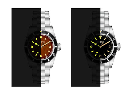 Octopus Kraken OCT-0028 BGW9 Super-LumiNova lume comparison for black dial and tropical brown dial versions
