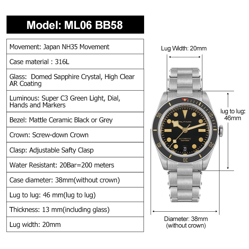 Militado Retro 38mm BB58 NH35 Automatic Watch ML06