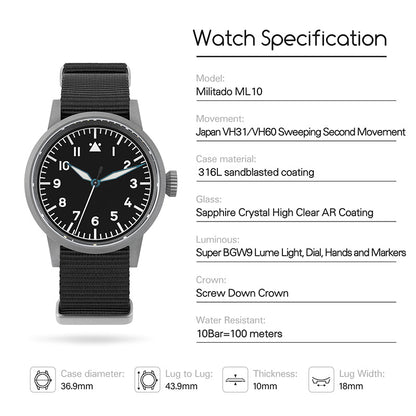 Militado 37mm Sapphire Crystal Retro Flieger Pilot Watch Ml10 V2