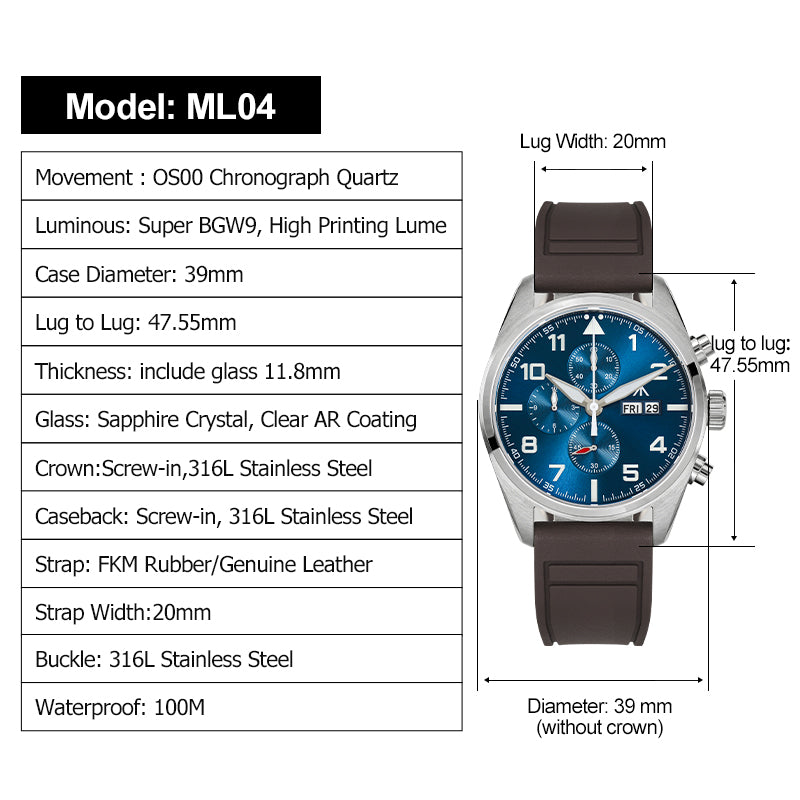 Militado 39mm Sapphire Crystal Pilot Field Chronograph Watch