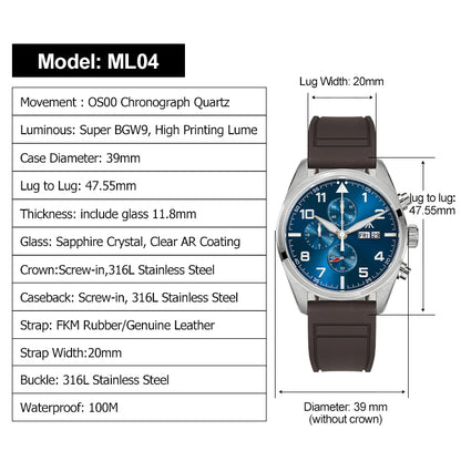 Militado 39mm Sapphire Crystal Pilot Field Chronograph Watch