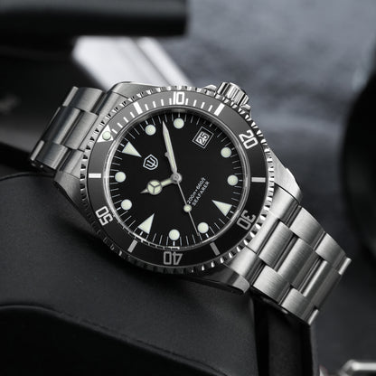 Watchdives WD5514Q 40mm quartz dive watch, matte black dial with Mercedes-style hands and date, angled side view, 316L stainless steel bracelet.
