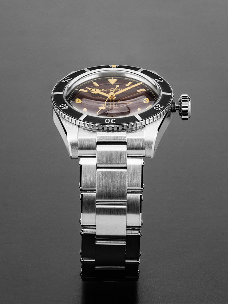 Octopus Kraken OCT-0028 front lifestyle image showing tropical brown dial and compact 37mm case