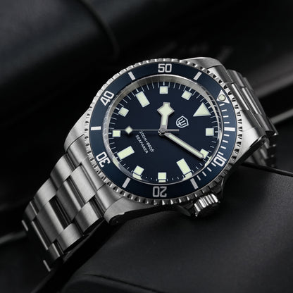 Watchdives WD5514Q 40mm quartz dive watch, blue dial with snowflake hands and white indices, dial and bezel close-up, 316L stainless steel bracelet.