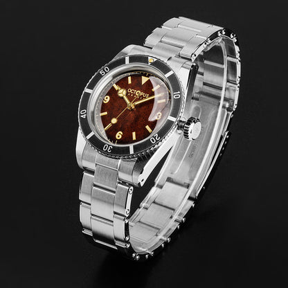 Octopus Kraken OCT-0028 tropical brown dial angled view showing 316L stainless steel bracelet and aged bezel