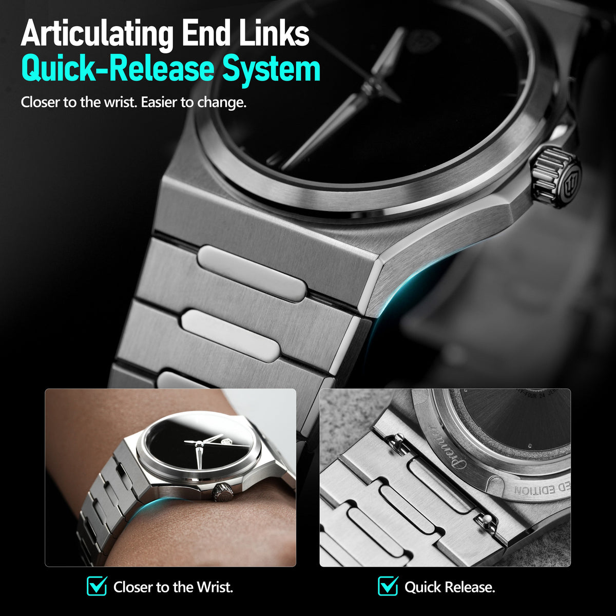 Watchdives WDC0001 PREMIER smooth bracelet underside and rounded link edges