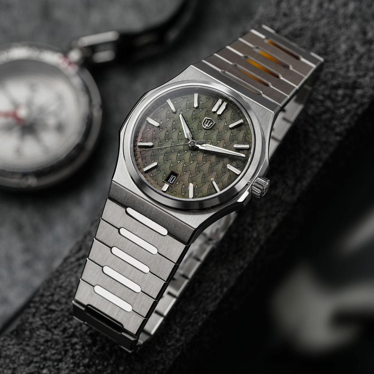 Watchdives WDC0001 PREMIER green Tahitian mother-of-pearl dial automatic watch, angled view