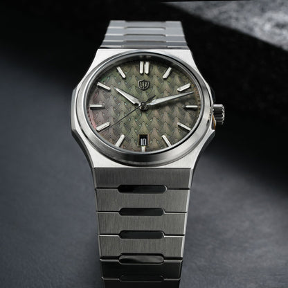Watchdives WDC0001 PREMIER textured green mother-of-pearl dial and applied hour markers