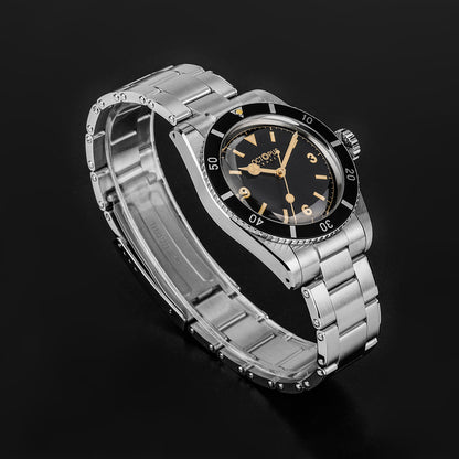 Octopus Kraken OCT-0028 black dial angled view with Benz Hands and stainless steel bracelet