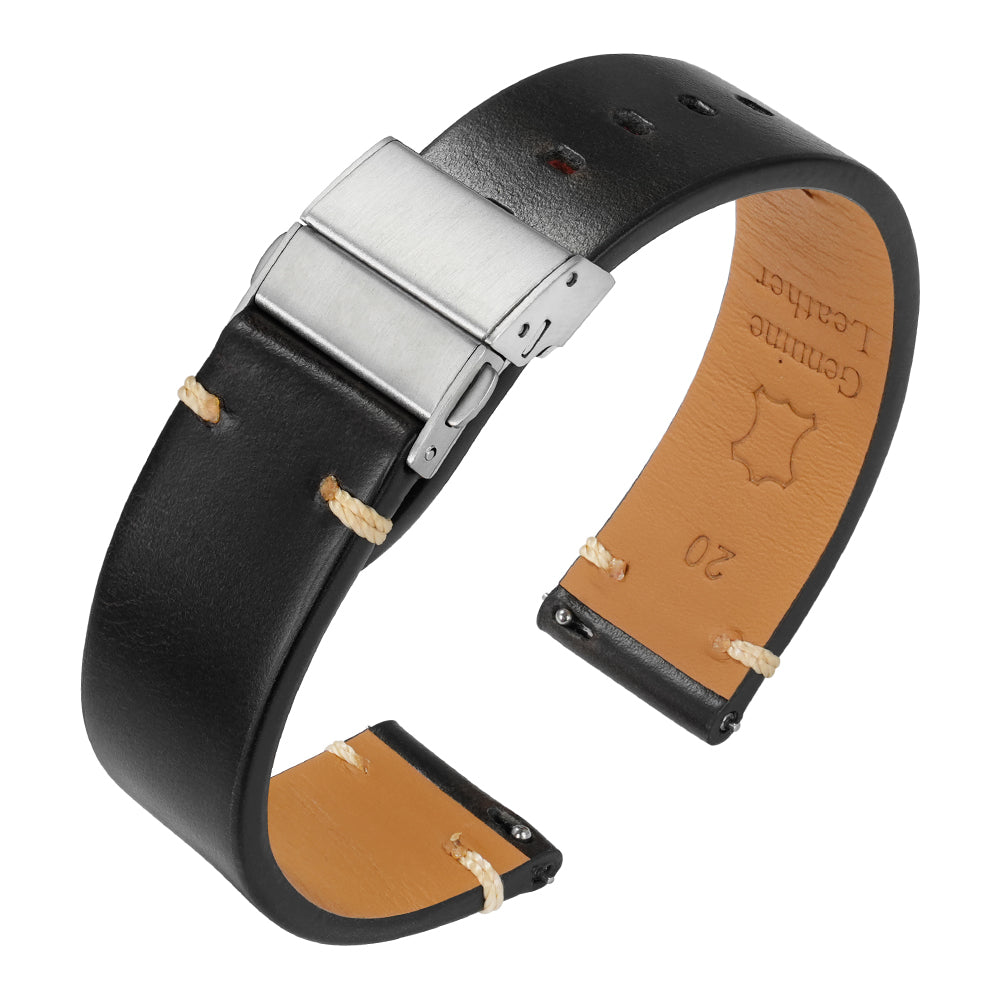 IBENIFIT Waxed Leather Watch Strap in Black – Quick-Release 20mm 22mm