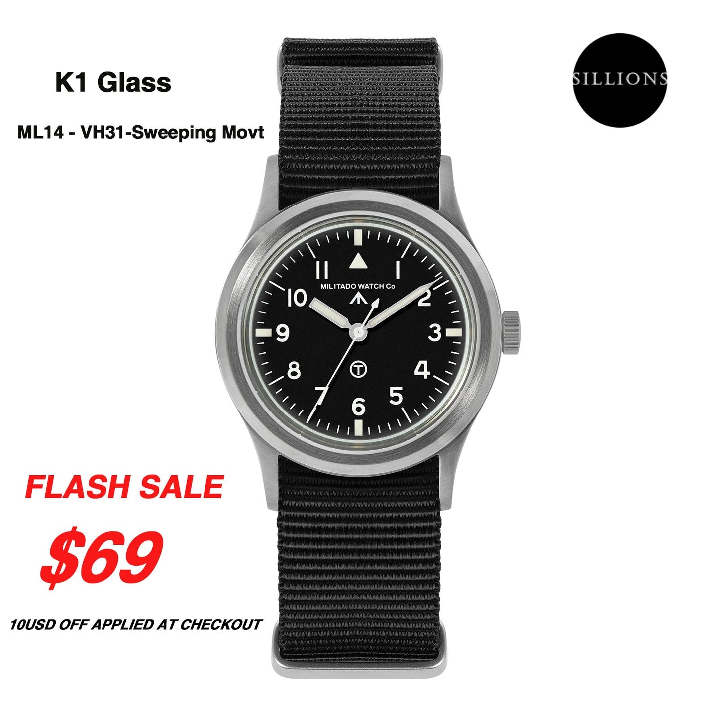 Militado 36mm Retro Military Watch VH31/VH65 Sweeping Hand ML14 V2