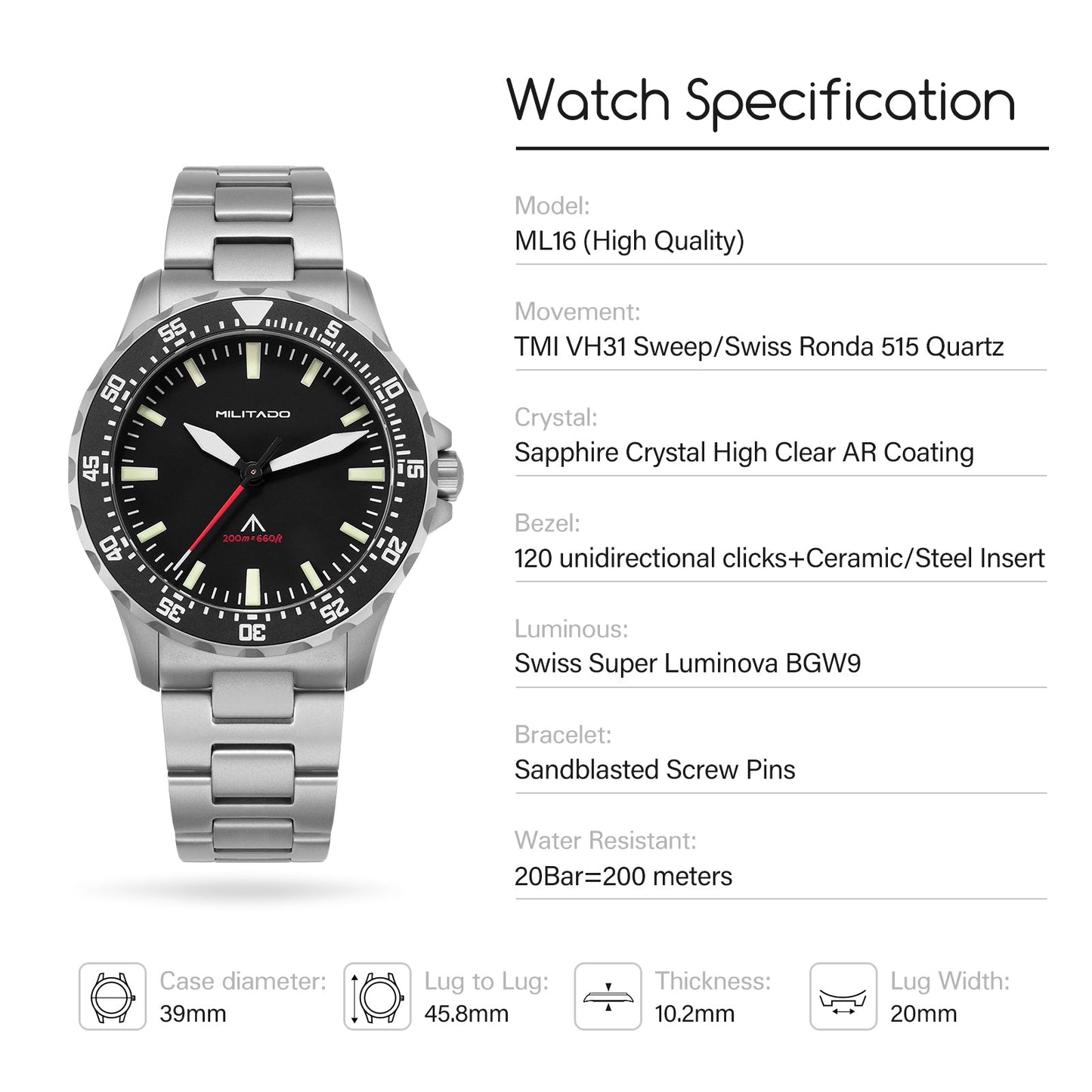 Militado 39mm Dive Watch Sapphire Crystal Military Watch ML16