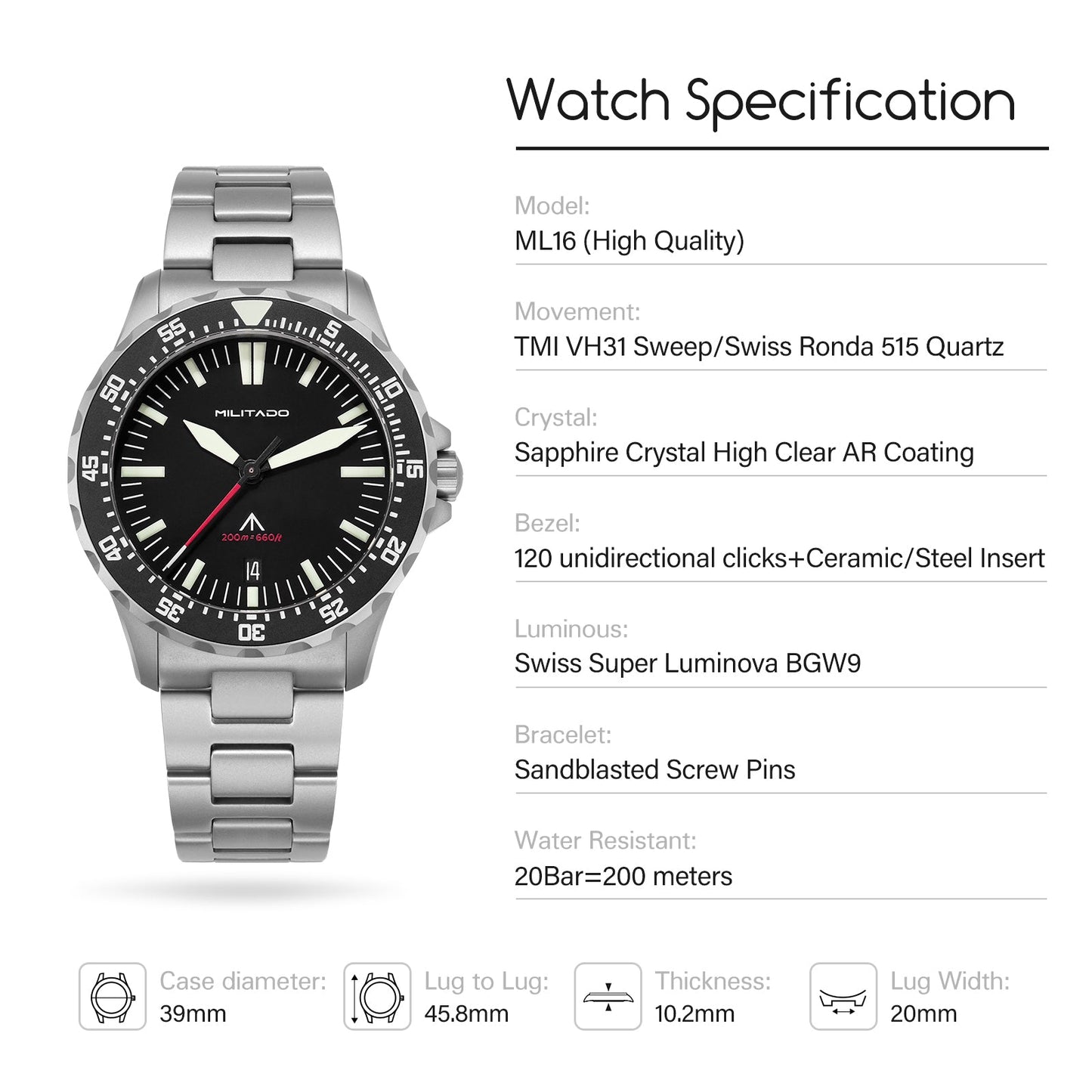 Militado 39mm Dive Watch Sapphire Crystal Military Watch ML16