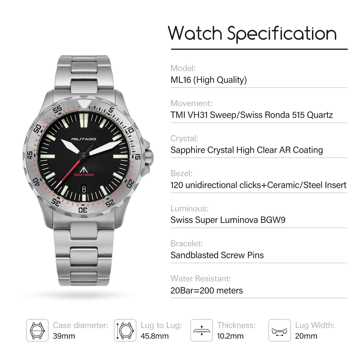 Militado 39mm Dive Watch Sapphire Crystal Military Watch ML16