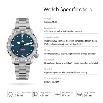 Militado 39mm Dive Watch PT5000 Automatic Mech Watch ML20