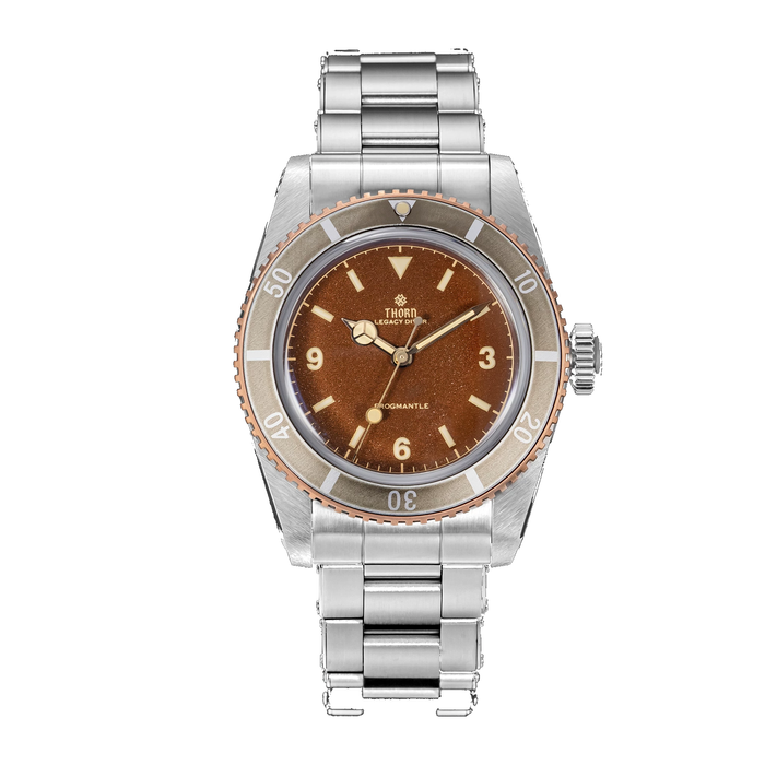 THORN T028 37mm PT5000 automatic dive watch with brown dial and bronze-tone bezel on a white background