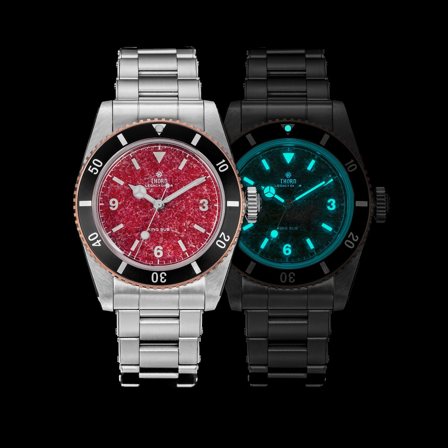 THORN T029 garnet dial watch daylight and BGW9 lume comparison