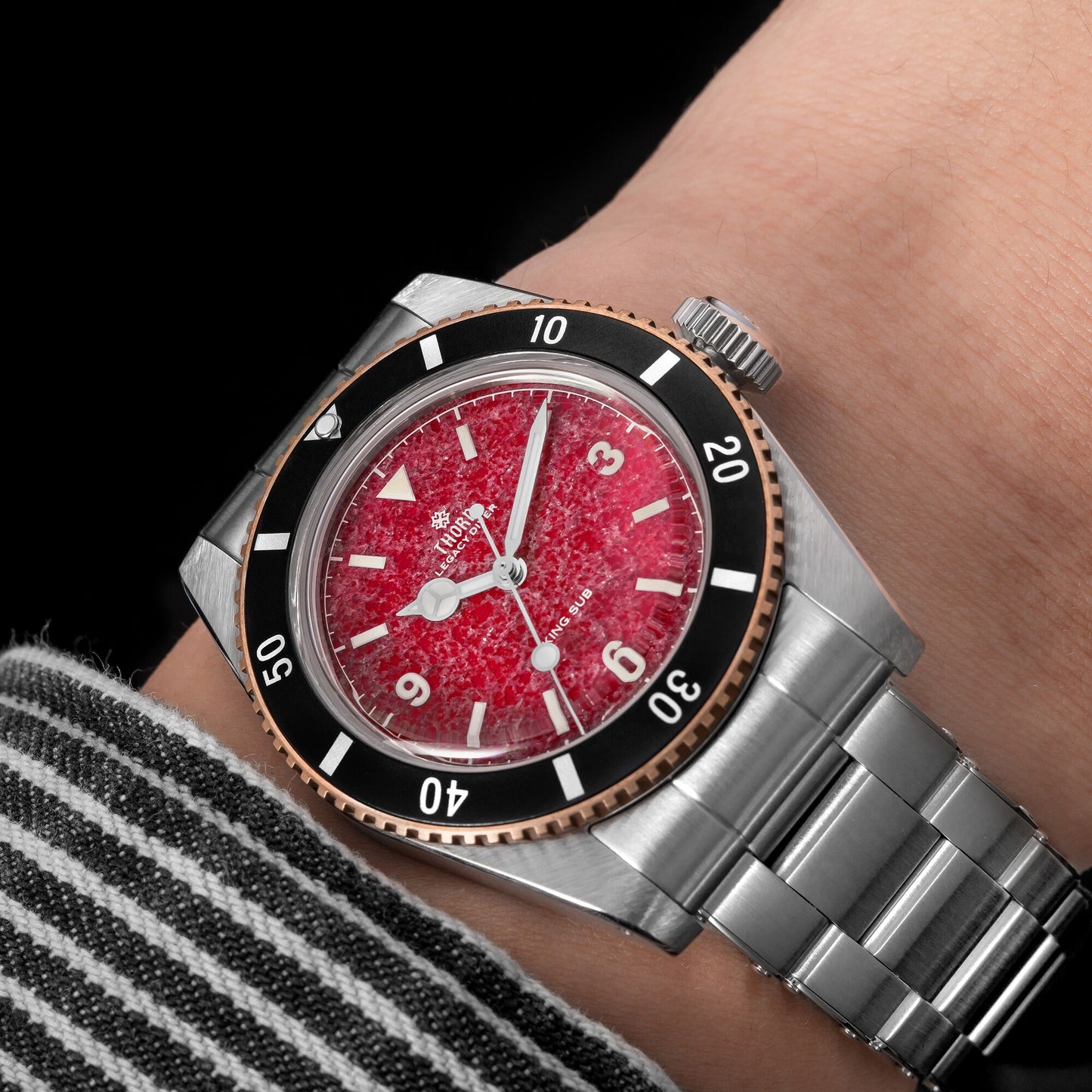 THORN T029 37mm garnet dial automatic dive watch on wrist