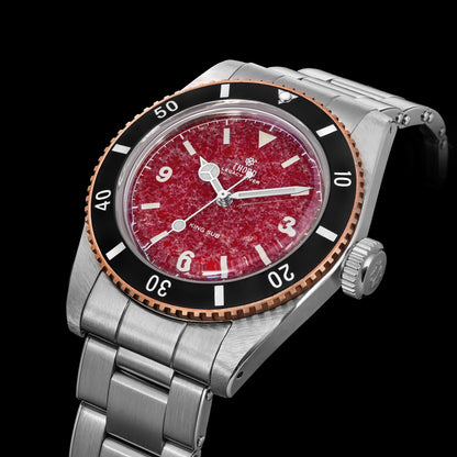THORN T029 37mm garnet dial dive watch angled view