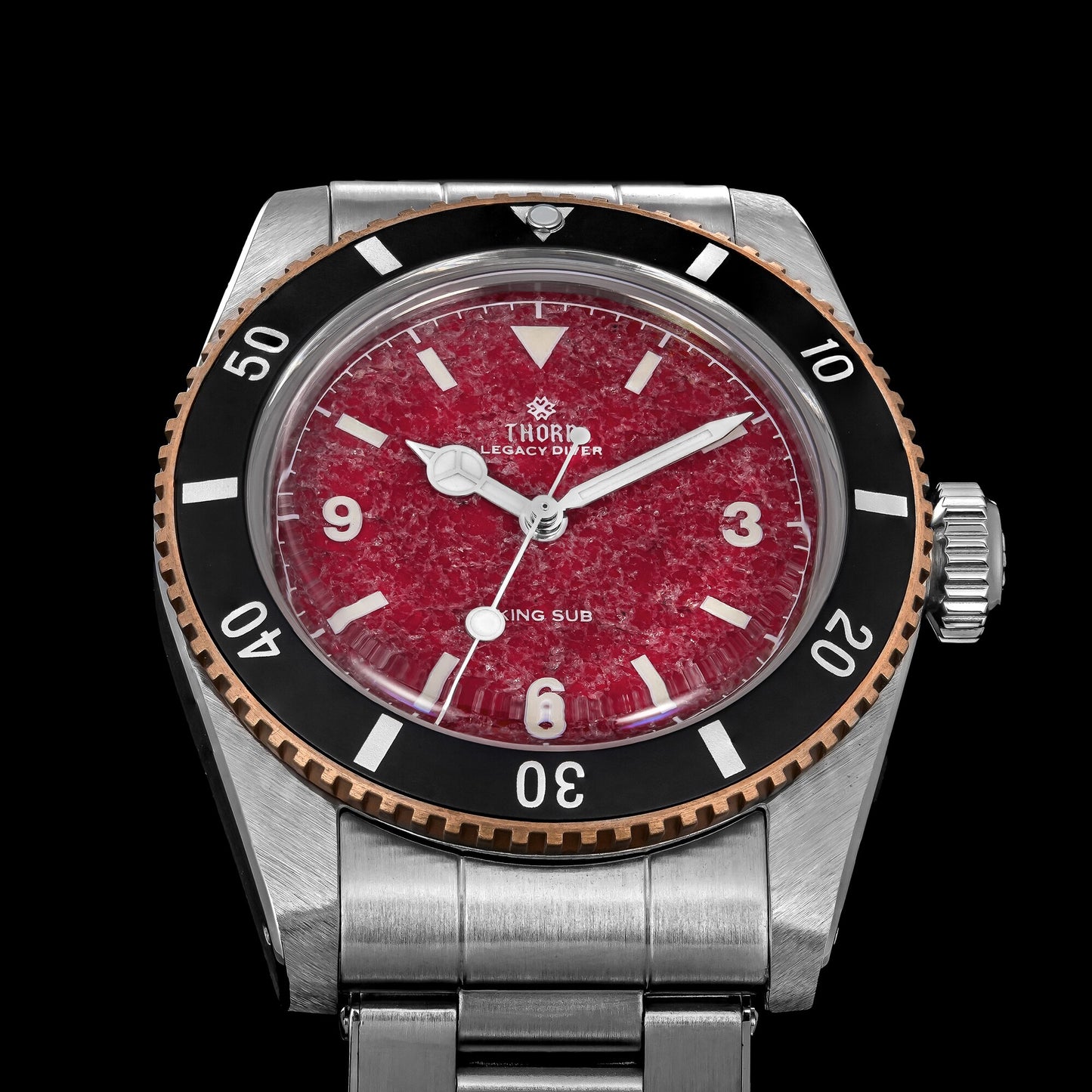 THORN T029 red garnet dial with black bezel front detail