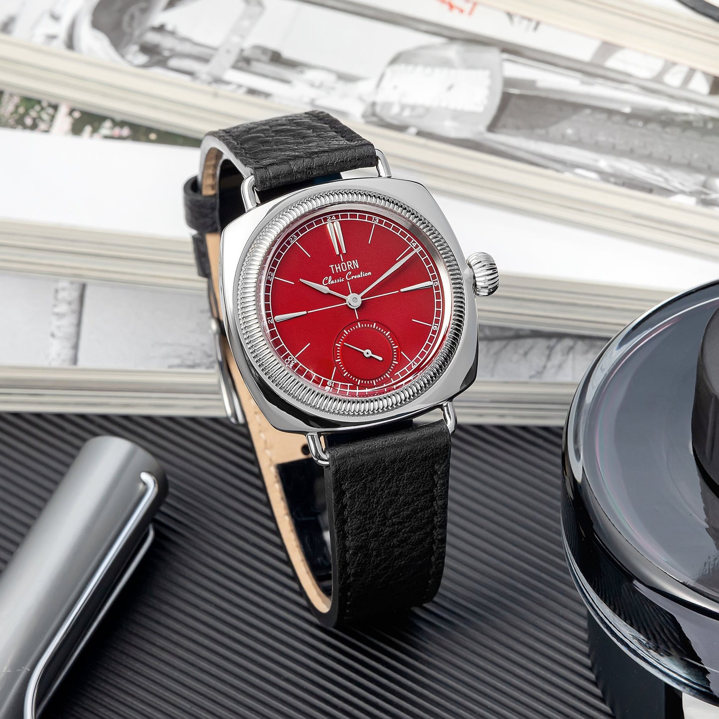 T017 Watch Details, Vintage Coin Pattern Bezel, Stainless Steel Case, Enamel Dial