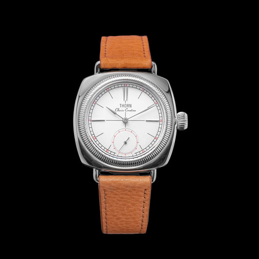 Thorn T017 Watch Black Dial Details, Vintage Coin Pattern Bezel, Stainless Steel Case, Enamel Dial