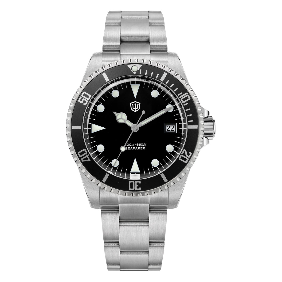 Watchdives WD5514Q 40mm quartz dive watch, WD5514Q quartz diver product photograph, steel bracelet detail, 316L stainless steel bracelet.