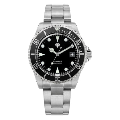 Watchdives WD5514Q 40mm quartz dive watch, WD5514Q quartz diver product photograph, steel bracelet detail, 316L stainless steel bracelet.