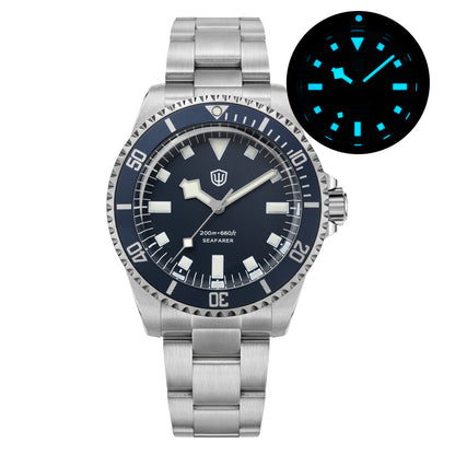 Watchdives WD5514Q 40mm quartz dive watch, WD5514Q quartz diver product photograph, watch on wrist, 316L stainless steel bracelet.