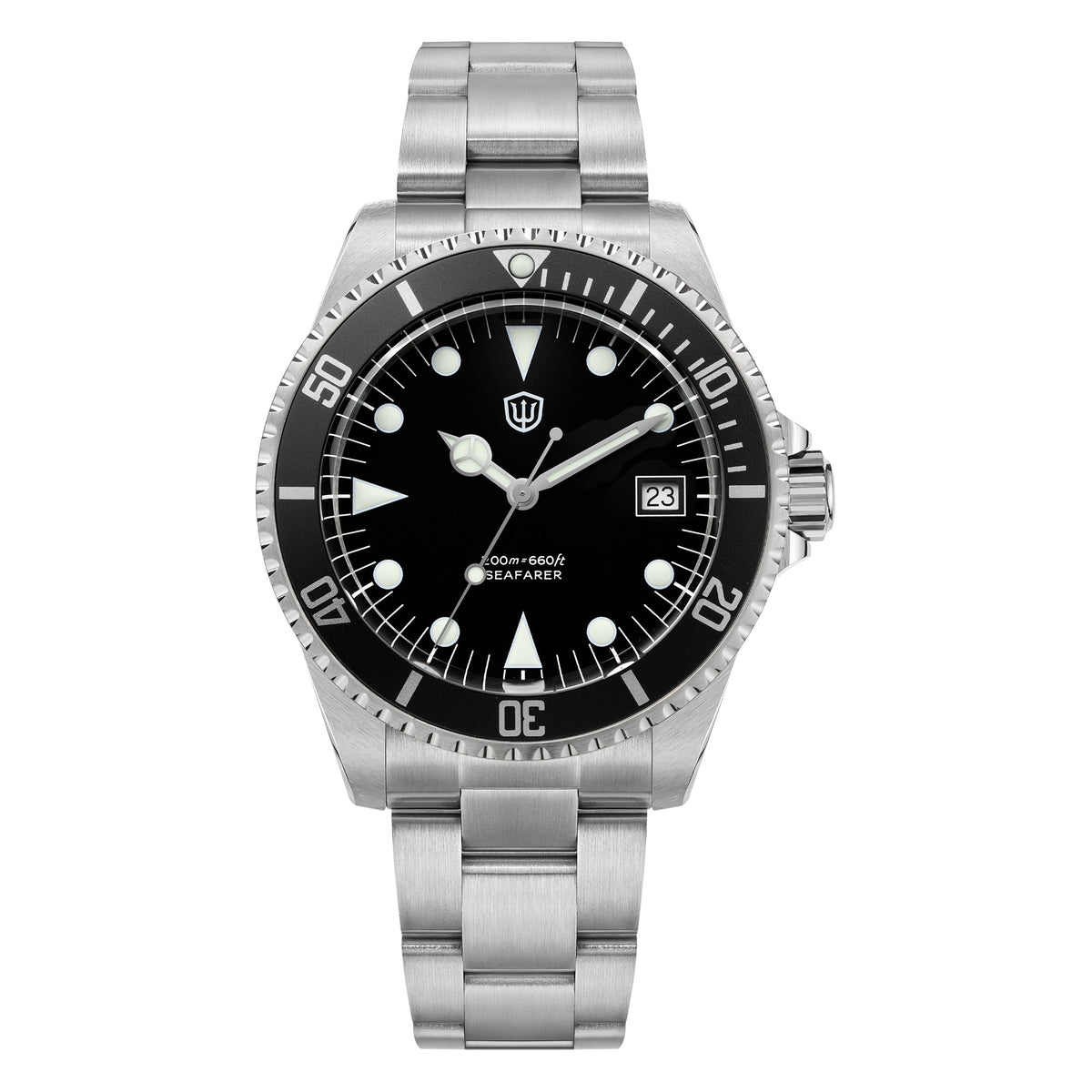 Watchdives WD5514Q 40mm quartz dive watch, matte black dial with Mercedes-style hands and date, front product view, 316L stainless steel bracelet.