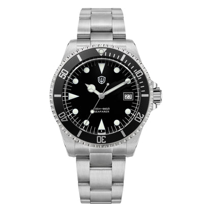 Watchdives WD5514Q 40mm quartz dive watch, matte black dial with Mercedes-style hands and date, front product view, 316L stainless steel bracelet.